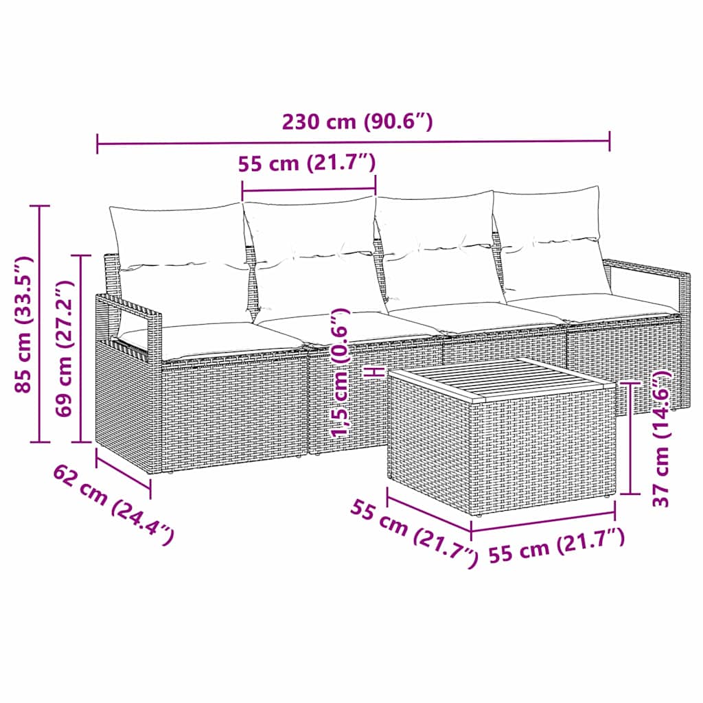 Gartensofa-set mit Kissen 5 pcs Schwarz Poly-Rattan
