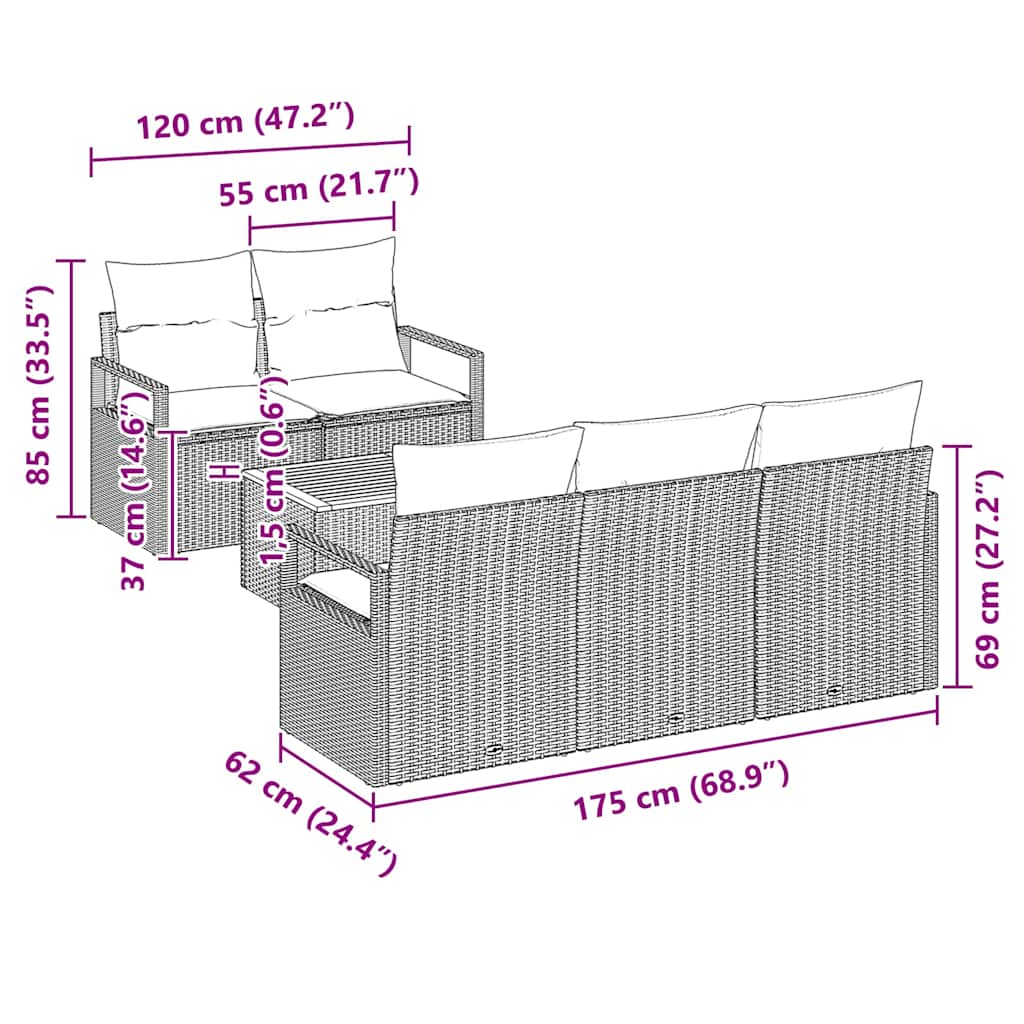 Gartensofa-set mit Kissen 6 pcs Beige Poly-Rattan