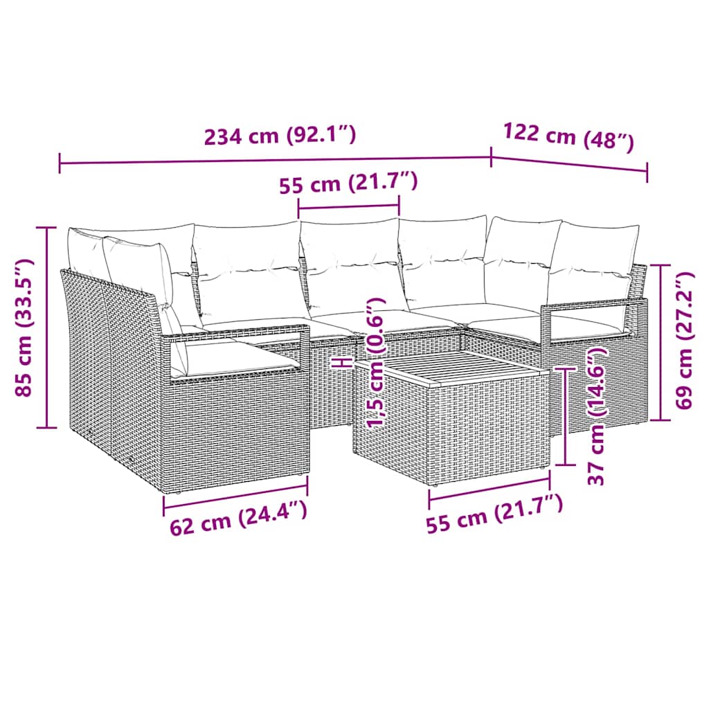 Gartensofa-set mit Kissen 7 pcs Schwarz Poly-Rattan