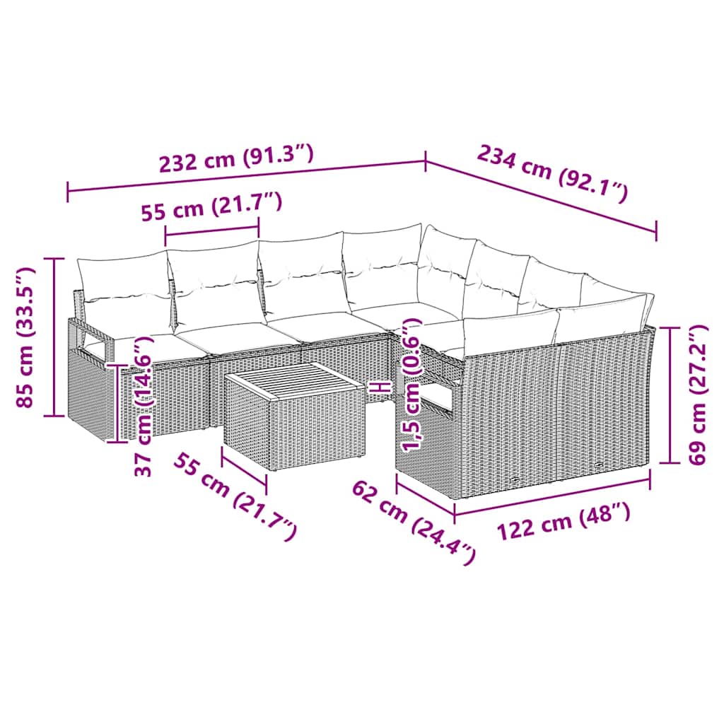 Gartensofa-set mit Kissen 9 pcs Beige Poly-Rattan