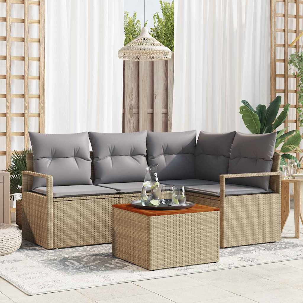 Gartensofa-set mit Kissen 5 pcs Beige Poly-Rattan