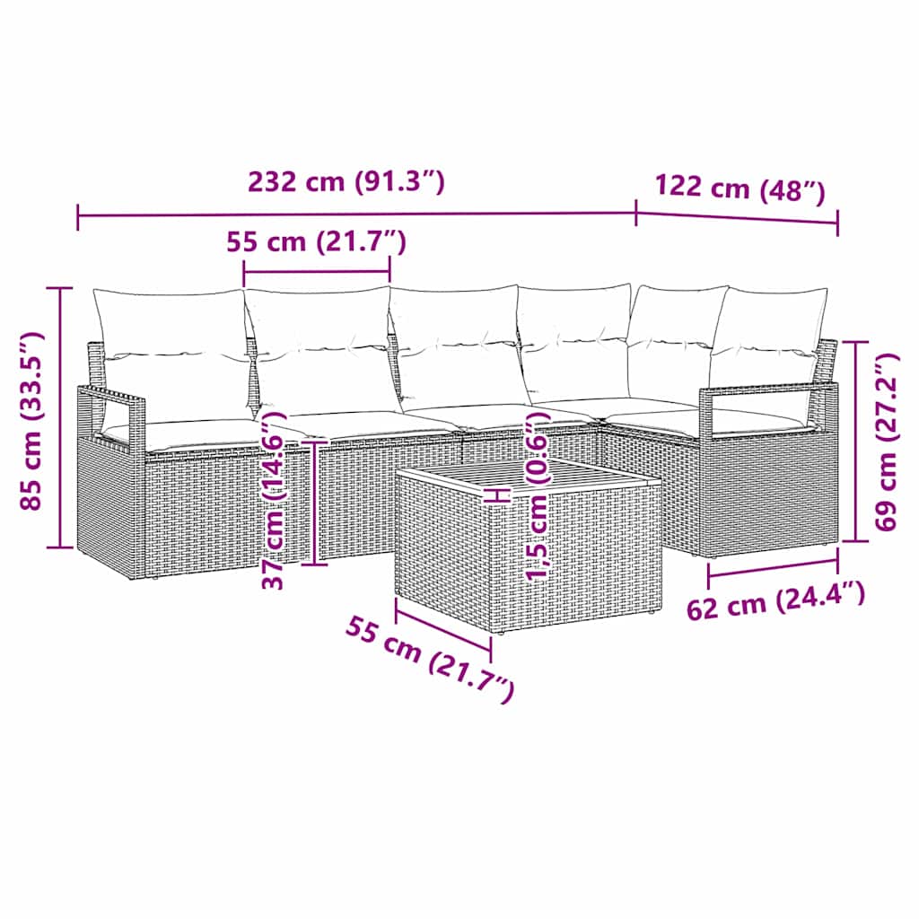 Gartensofa-set mit Kissen 6 pcs Schwarz Poly-Rattan