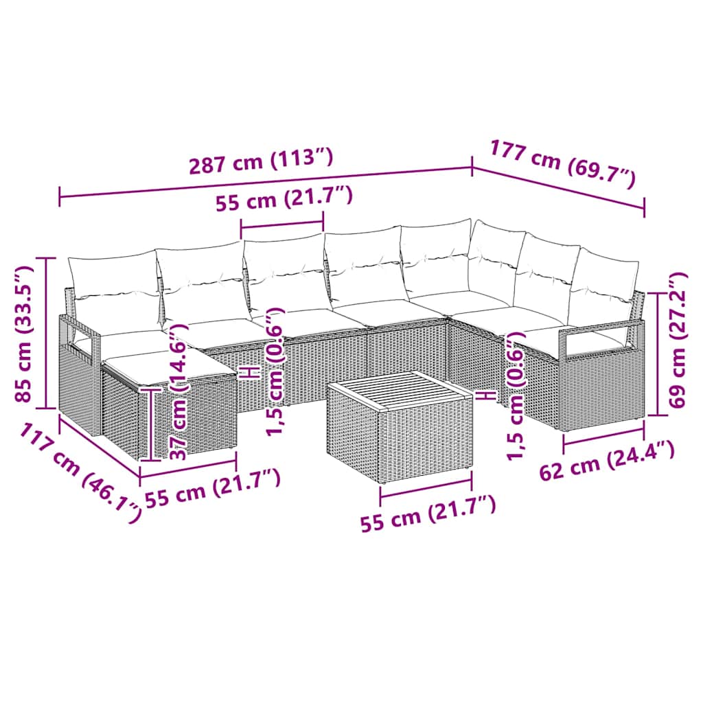 Gartensofa-set mit Kissen 9 pcs Grau Poly-Rattan