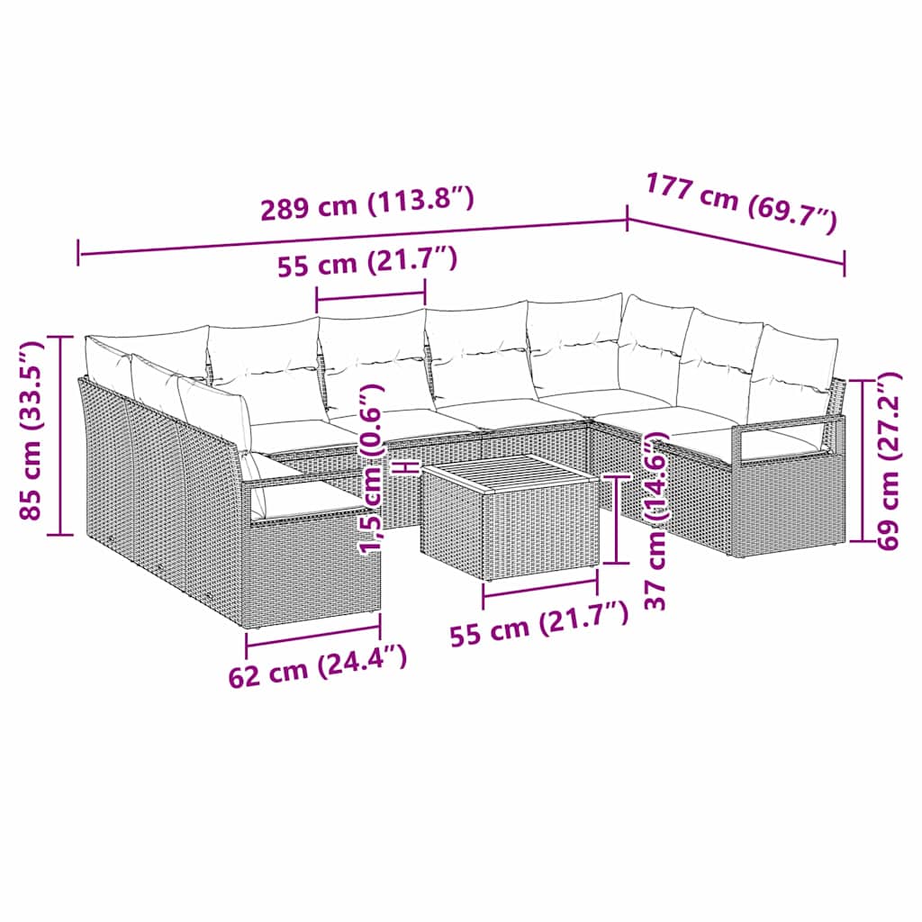 Gartensofa-set mit Kissen 10 pcs Schwarz Poly-Rattan