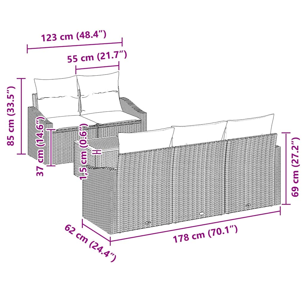 Gartensofa-set mit Kissen 6 pcs Schwarz Poly-Rattan