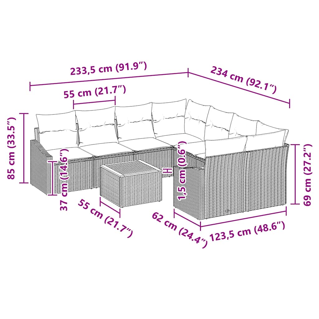 Gartensofa-set mit Kissen 9 pcs Schwarz Poly-Rattan
