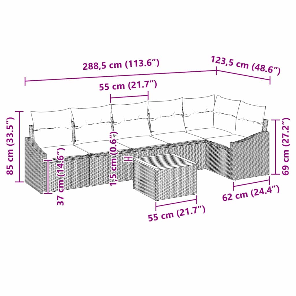 Gartensofa-set mit Kissen 7 pcs Schwarz Poly-Rattan
