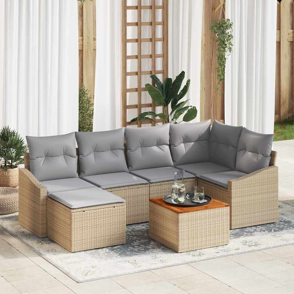 Gartensofa-set mit Kissen 7 pcs Beige Poly-Rattan