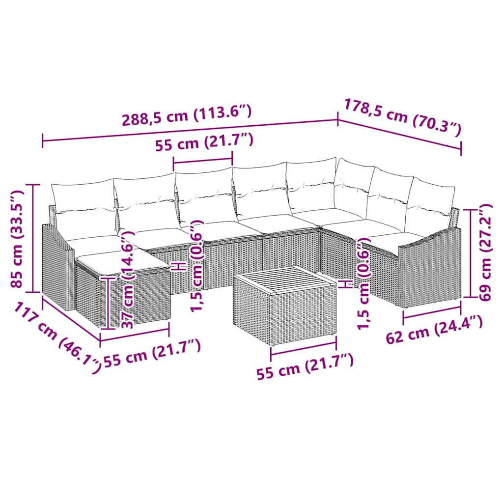 Gartensofa-set mit Kissen 9 pcs Schwarz Poly-Rattan