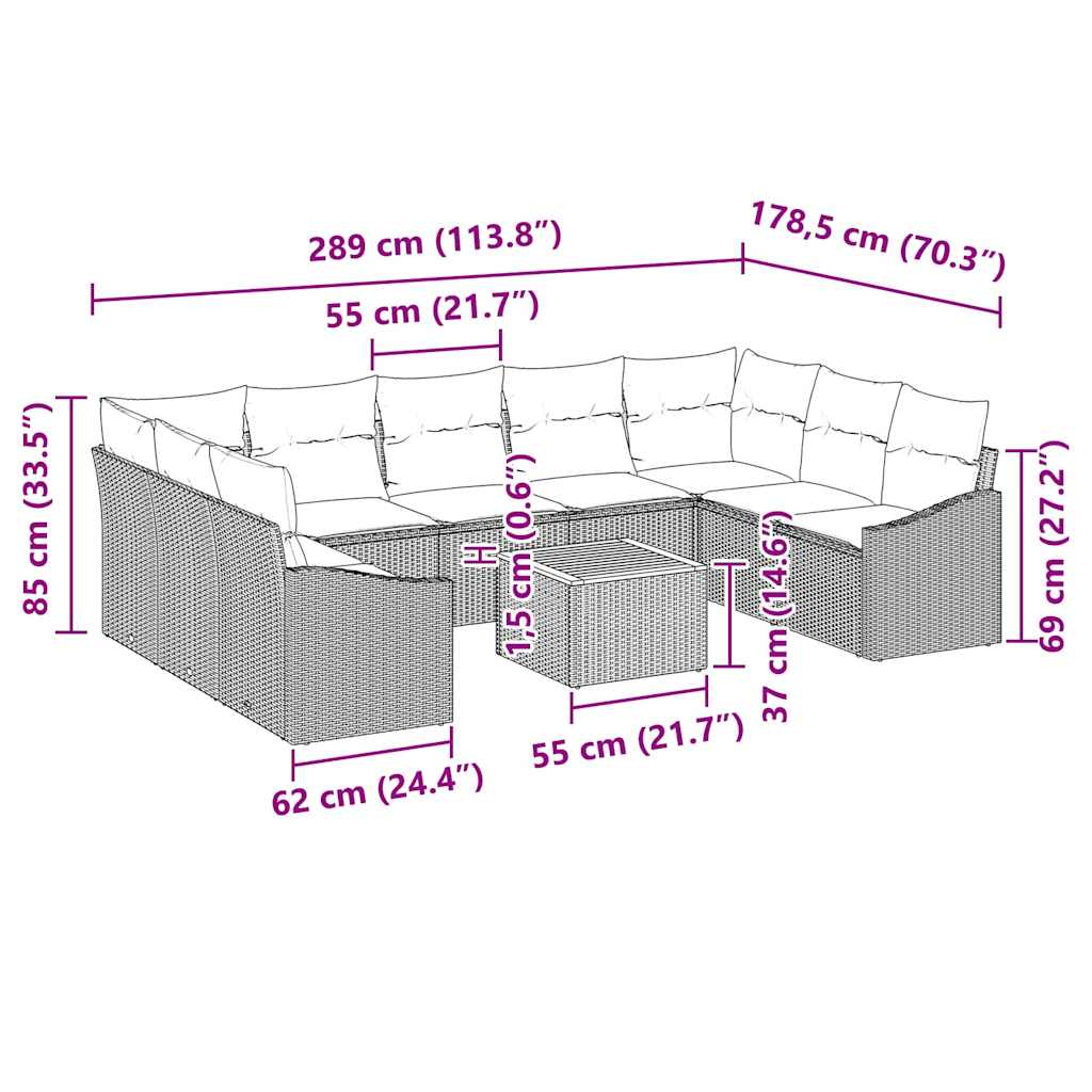 Gartensofa-set mit Kissen 10 pcs Beige Poly-Rattan