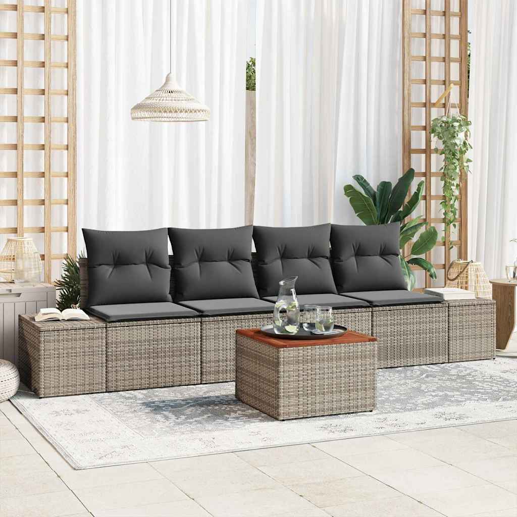 Garten-Sofa-Set mit Kissen 5 pcs Grau Poly Rattan
