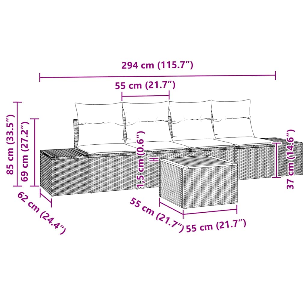 Garten-Sofa-Set mit Kissen 5 pcs Grau Poly Rattan