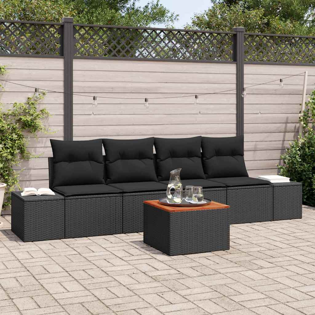 Garten-Sofa-Set mit Kissen 5 pcs Schwarz Poly Rattan