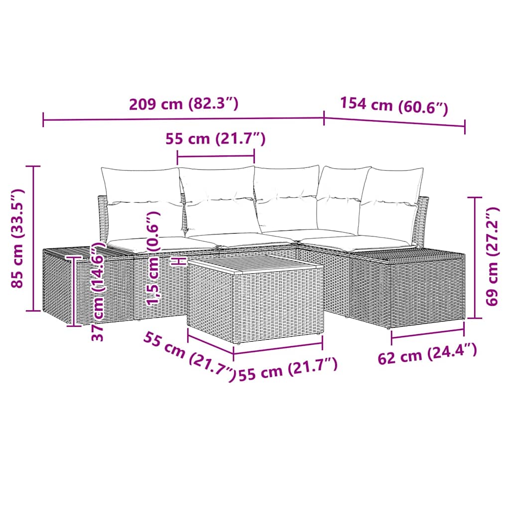 Gartensofa-set mit Kissen 5 pcs Schwarz Poly-Rattan