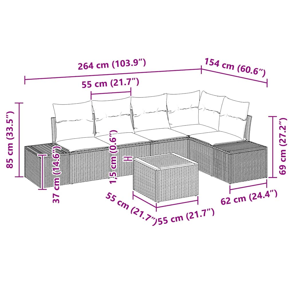 Gartensofa-set mit Kissen 6 pcs Grau Poly-Rattan