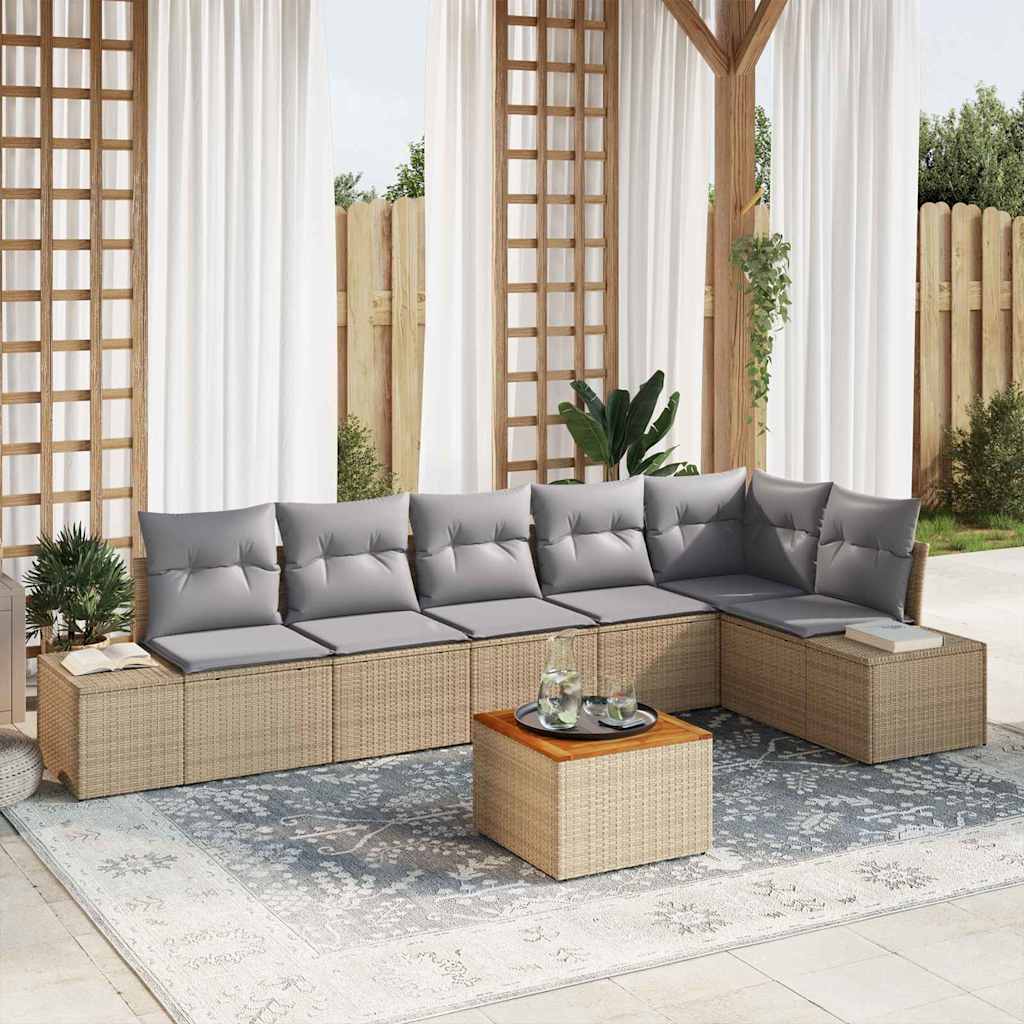 Gartensofa-set mit Kissen 7 pcs Beige Poly-Rattan