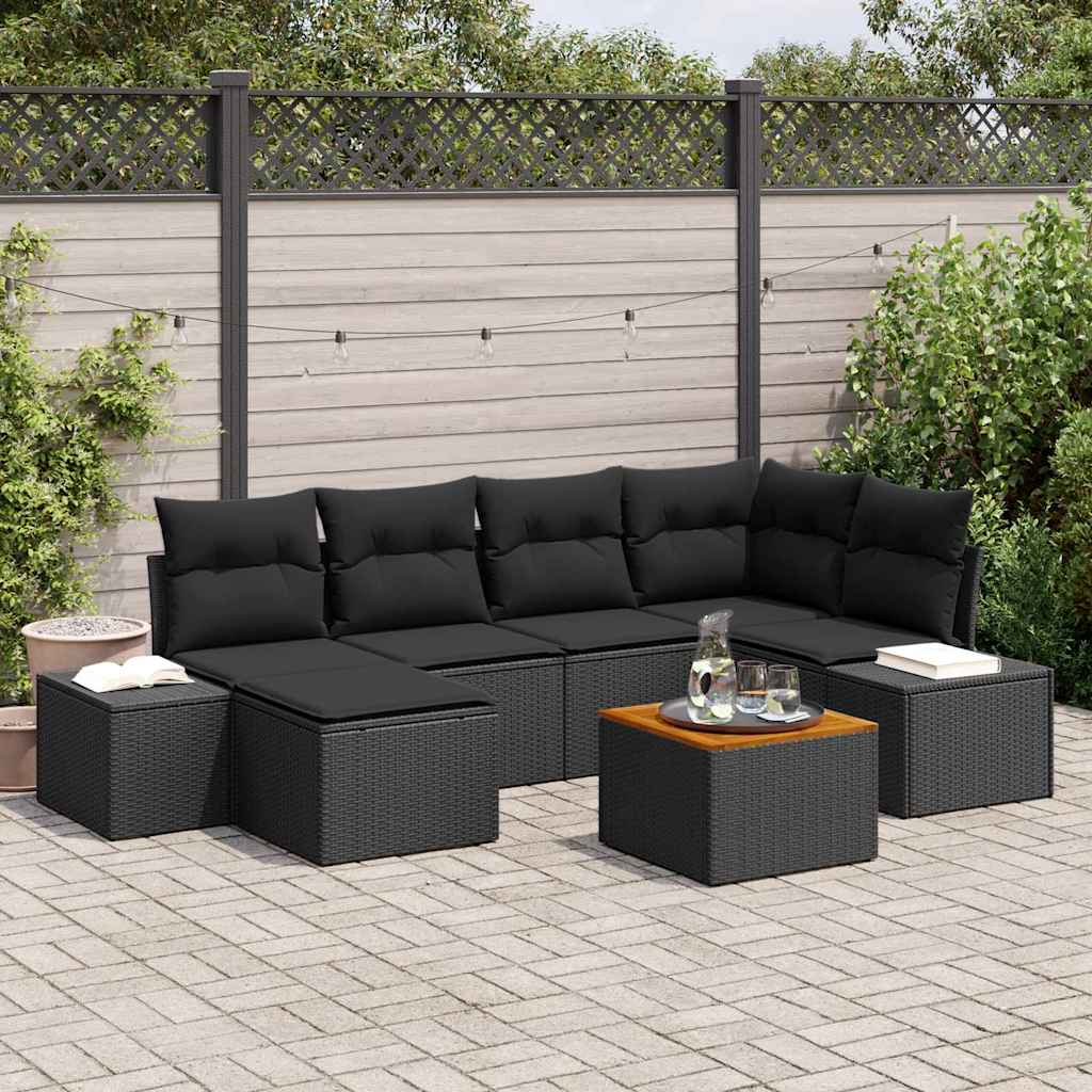 Gartensofa-set mit Kissen 7 pcs Schwarz Poly-Rattan