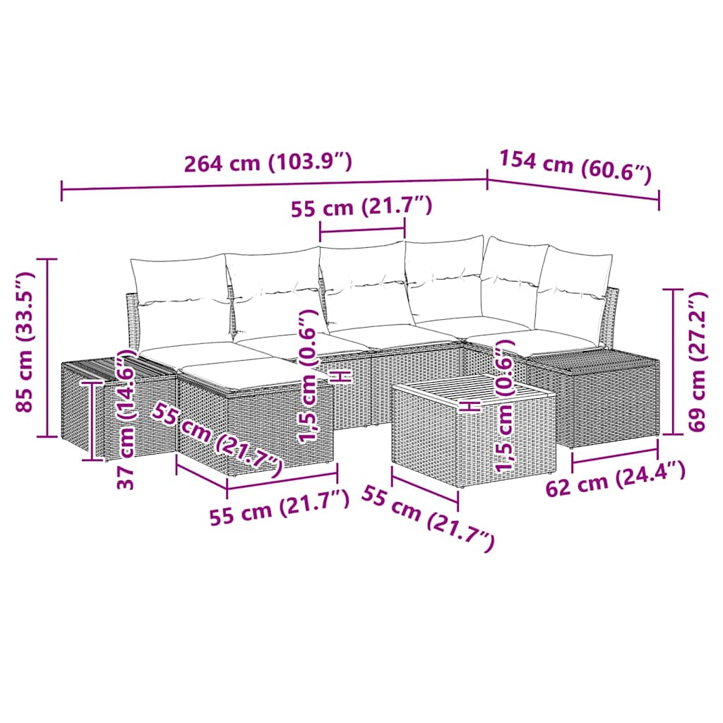 Gartensofa-set mit Kissen 7 pcs Schwarz Poly-Rattan