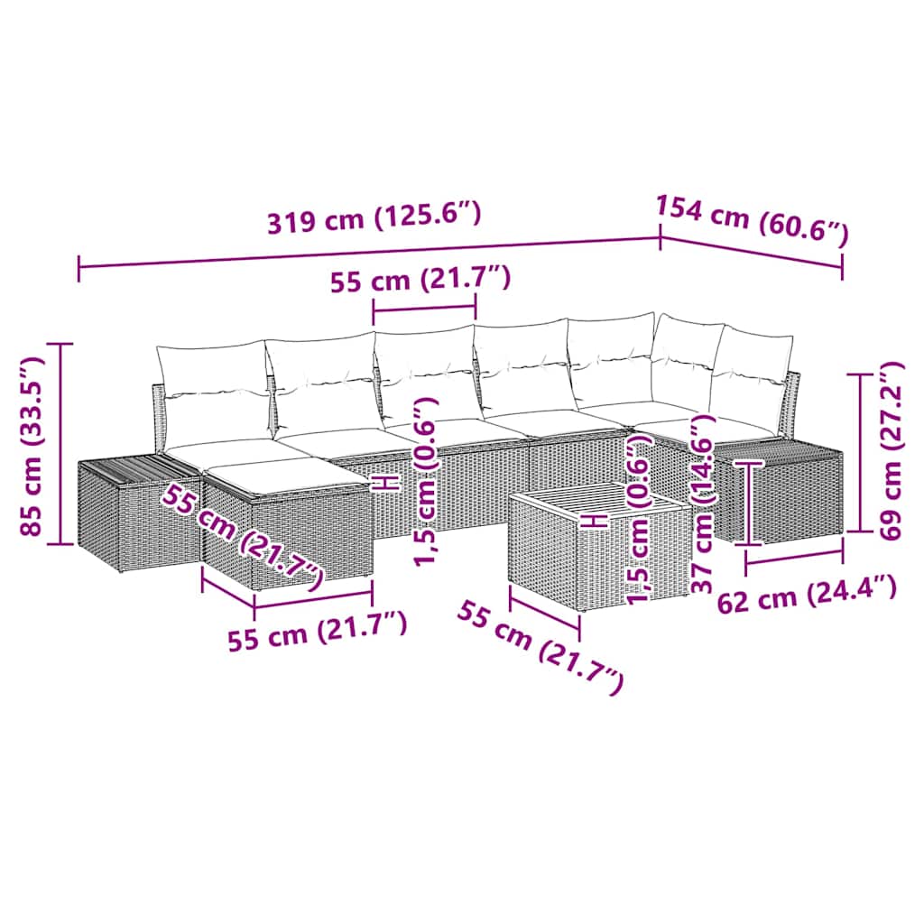 Gartensofa-set mit Kissen 8 pcs Beige Poly-Rattan