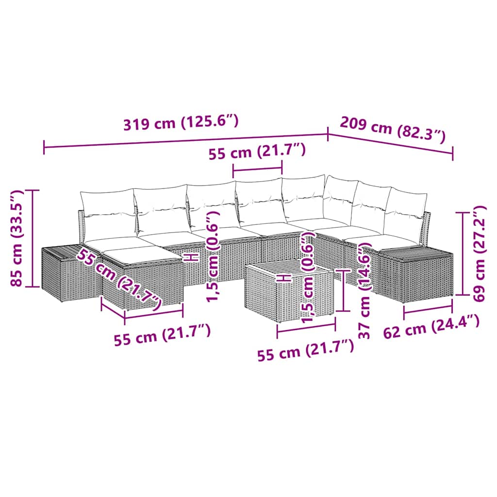 Gartensofa-set mit Kissen 9 pcs Schwarz Poly-Rattan