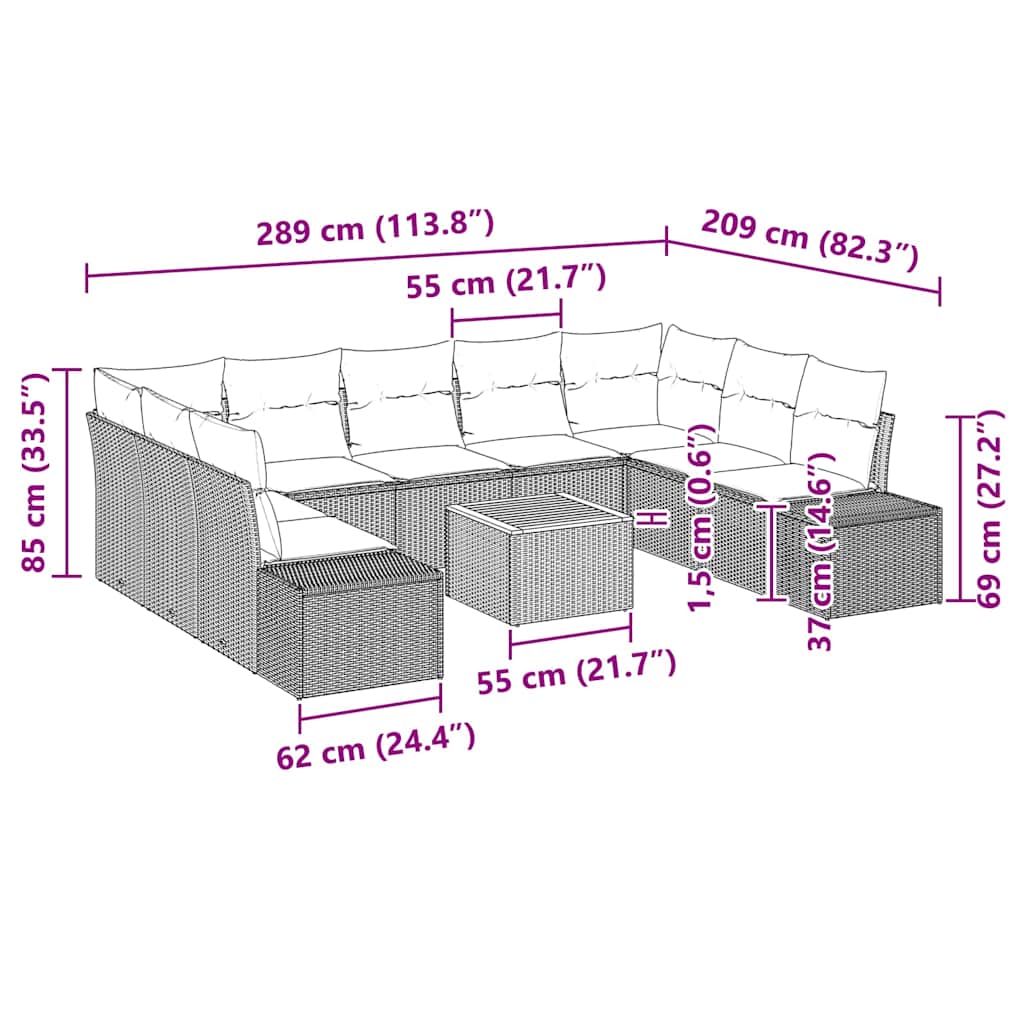 vidaXL Gartensofa-set mit Kissen 10 pcs Grau Poly-Rattan