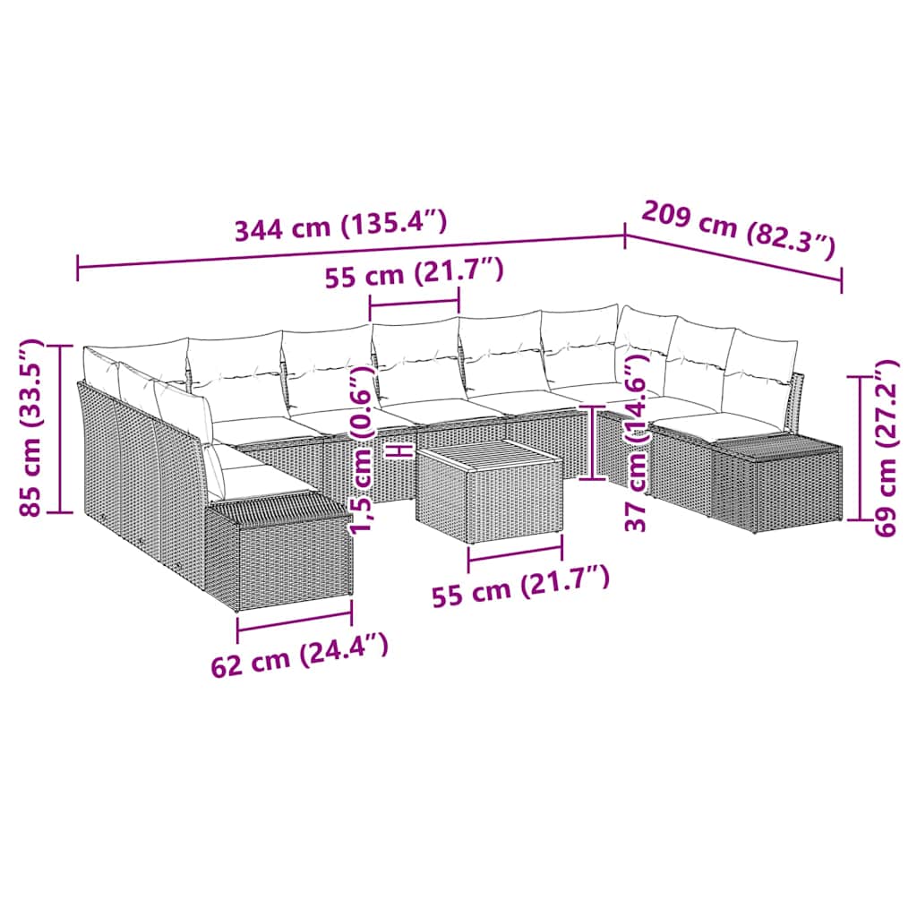 Gartensofa-set mit Kissen 11 pcs Schwarz Poly-Rattan