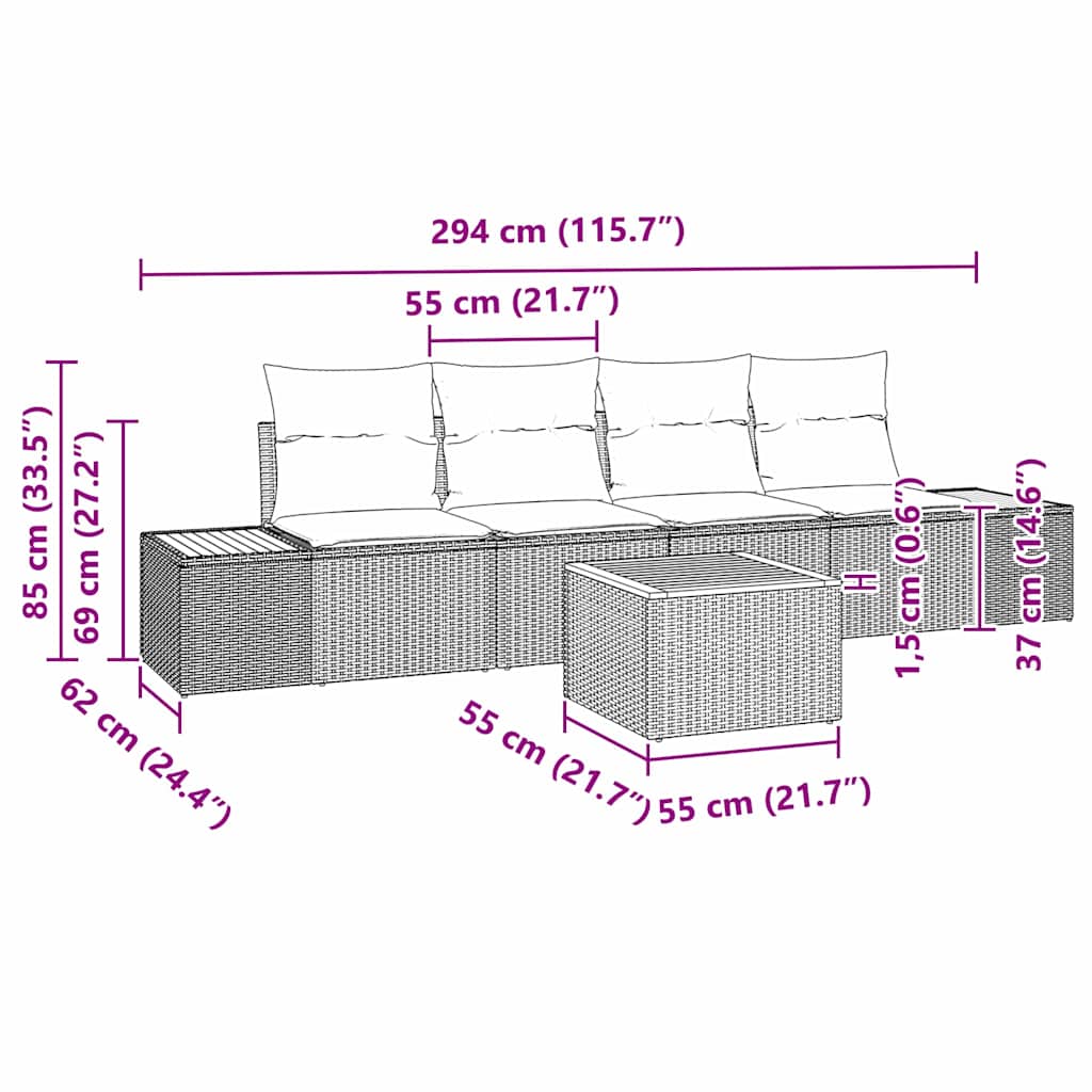 Gartensofa-set mit Kissen 5 pcs Schwarz Poly Rattan