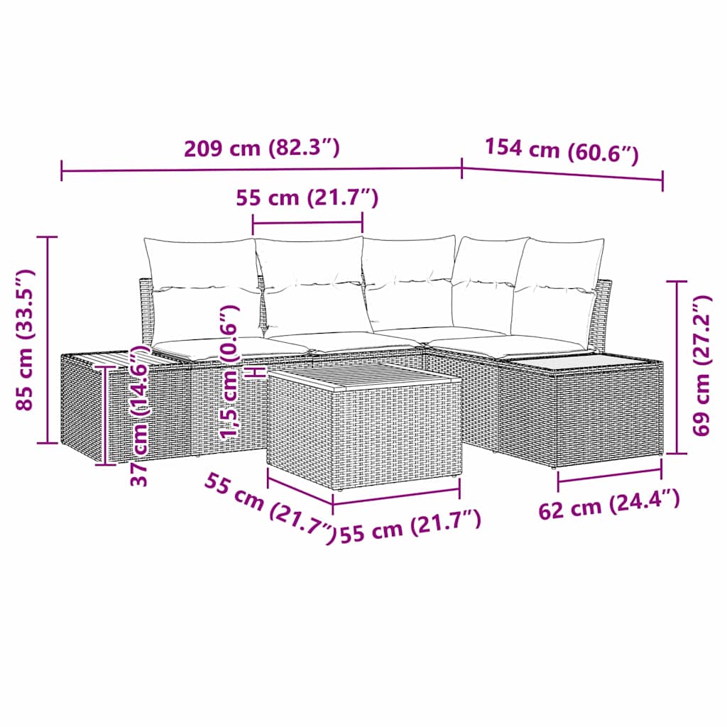 Gartensofa-set mit Kissen 5 pcs Schwarz Poly Rattan