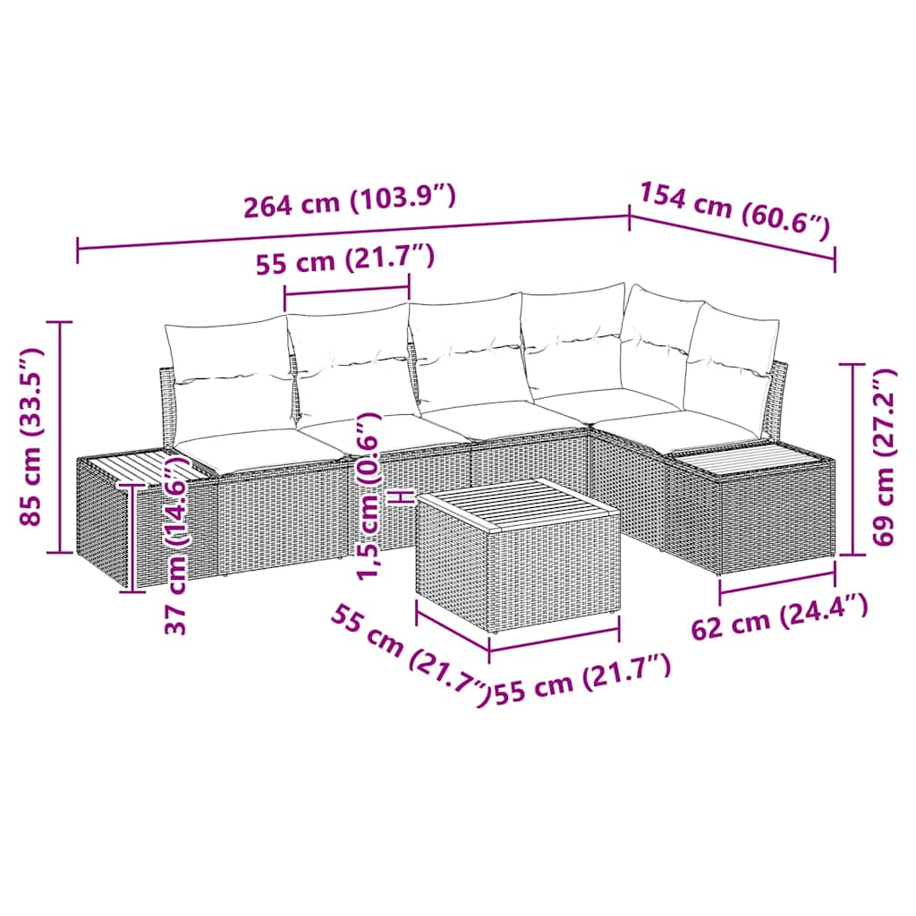 Gartensofa-set mit Kissen 6 pcs Schwarz Poly Rattan