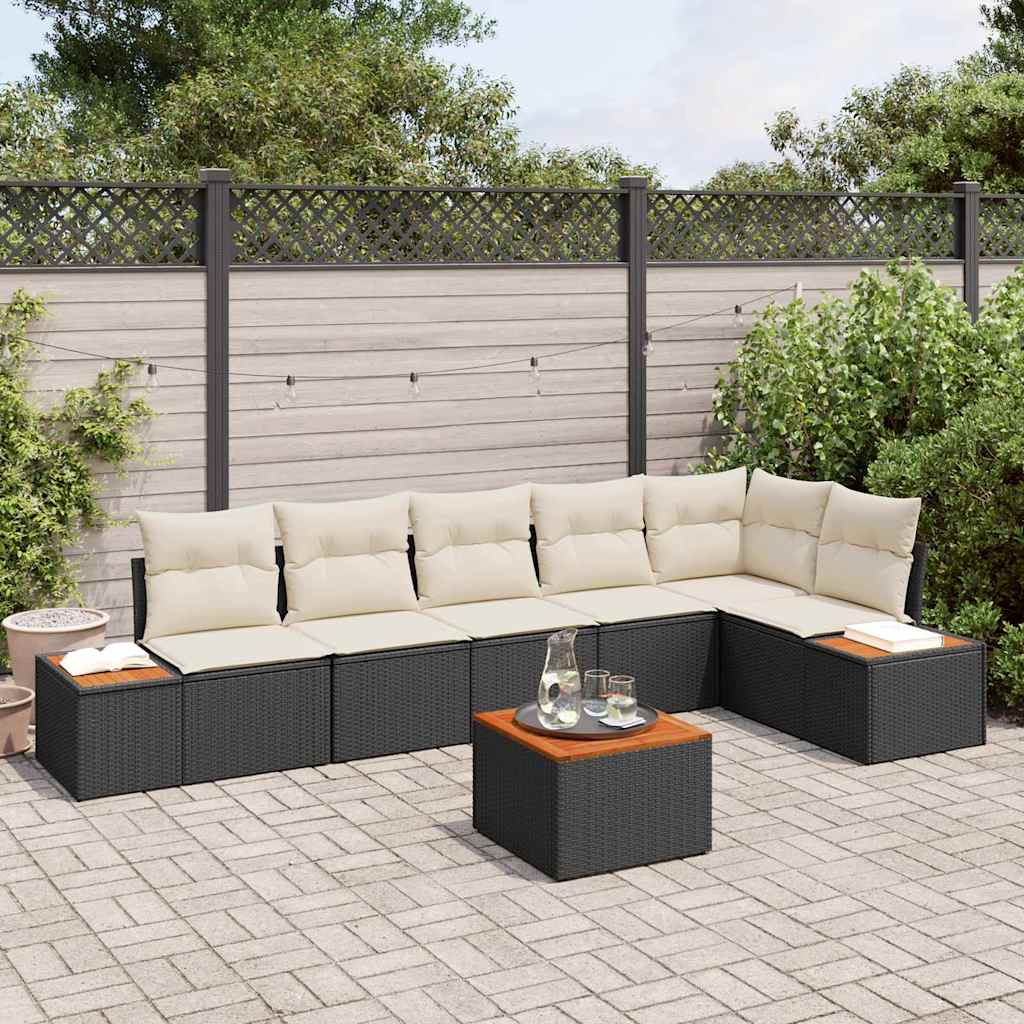 Gartensofa-set mit Kissen 7 pcs Schwarz Poly Rattan