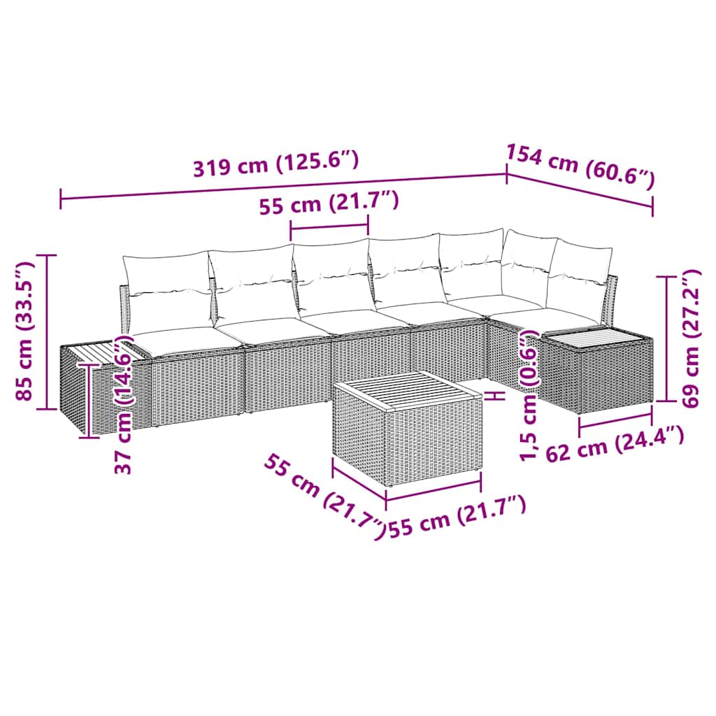 Gartensofa-set mit Kissen 7 pcs Schwarz Poly Rattan