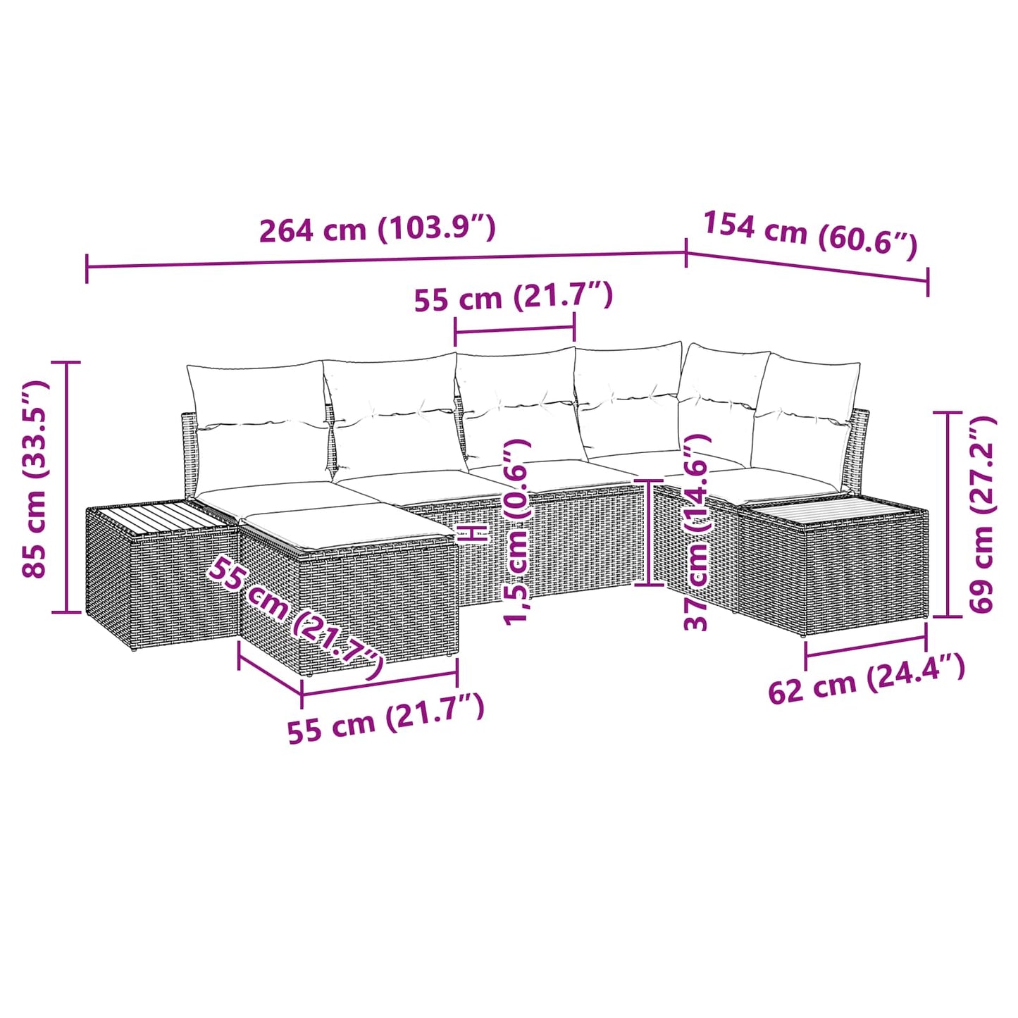 Gartensofa-set mit Kissen 6 pcs Schwarz Poly-Rattan