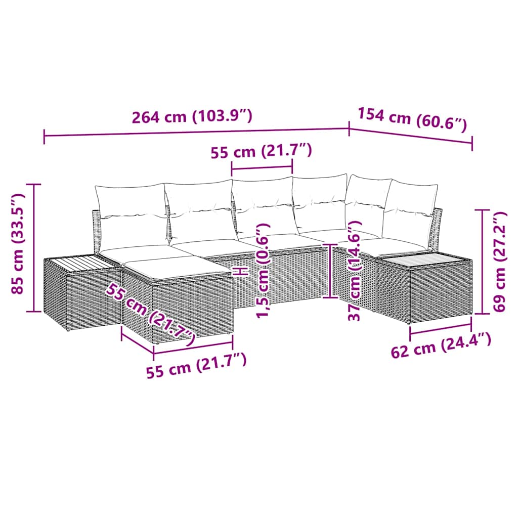 Gartensofa-set mit Kissen 6 pcs Grau Poly-Rattan