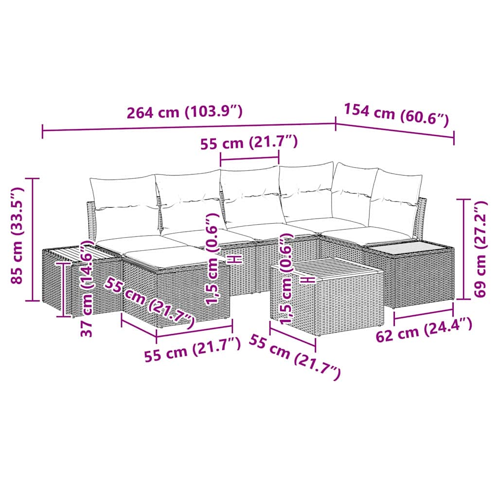 Garten-Sofa-Set mit Kissen 7 pcs Grau Poly-Rattan