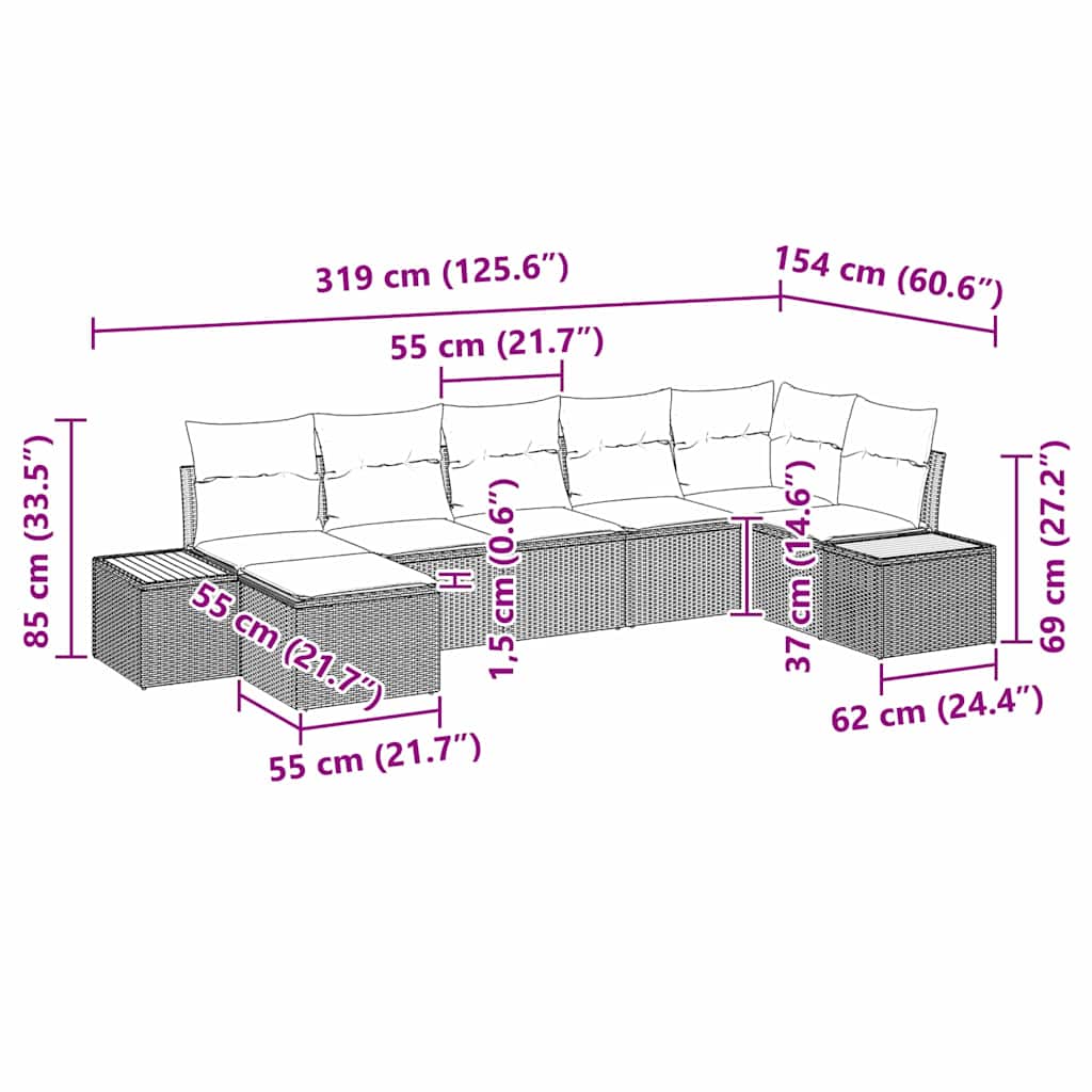 vidaXL Gartensofa-set mit Kissen 7 pcs Beige Poly-Rattan