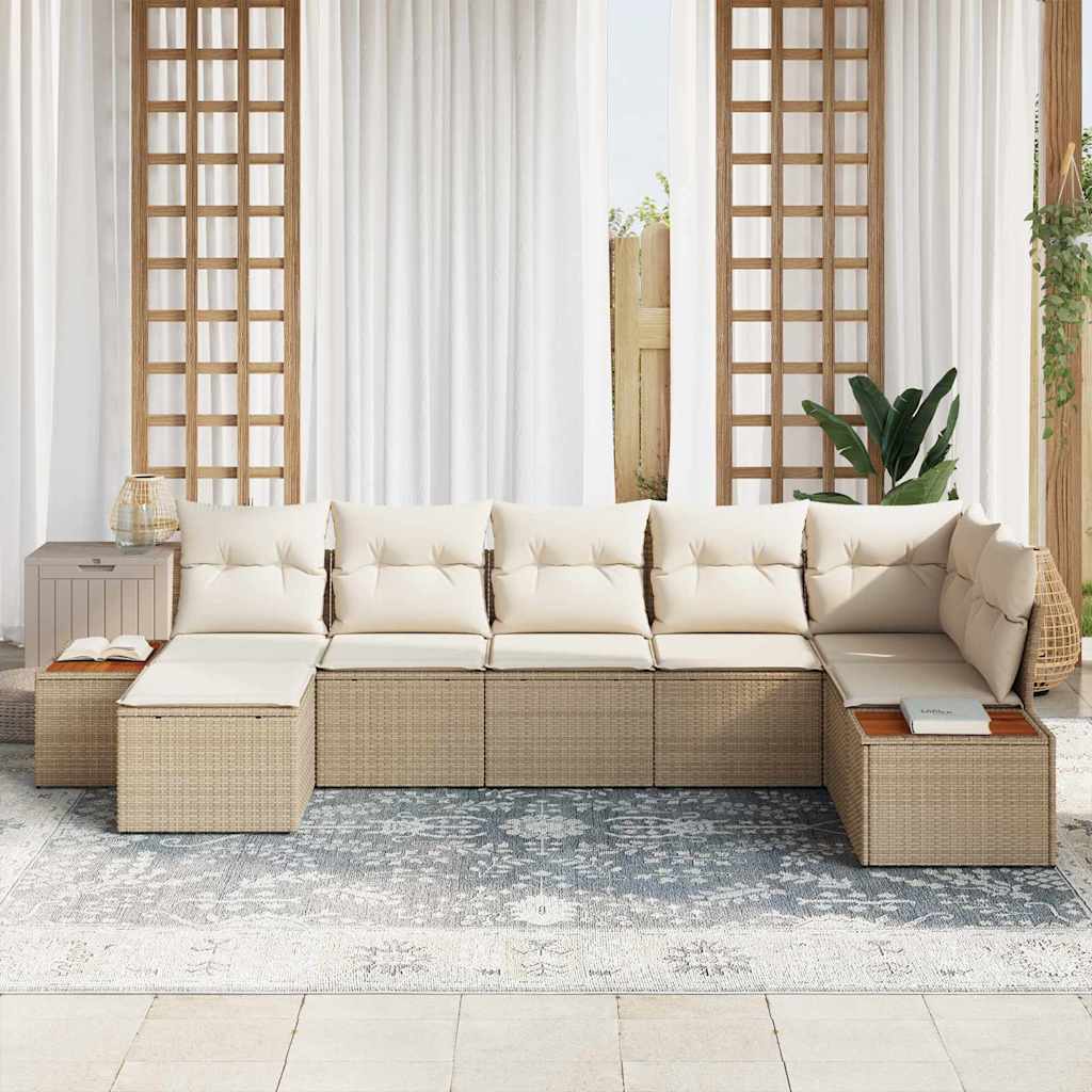 Gartensofa-set mit Kissen 7 pcs Beige Poly-Rattan