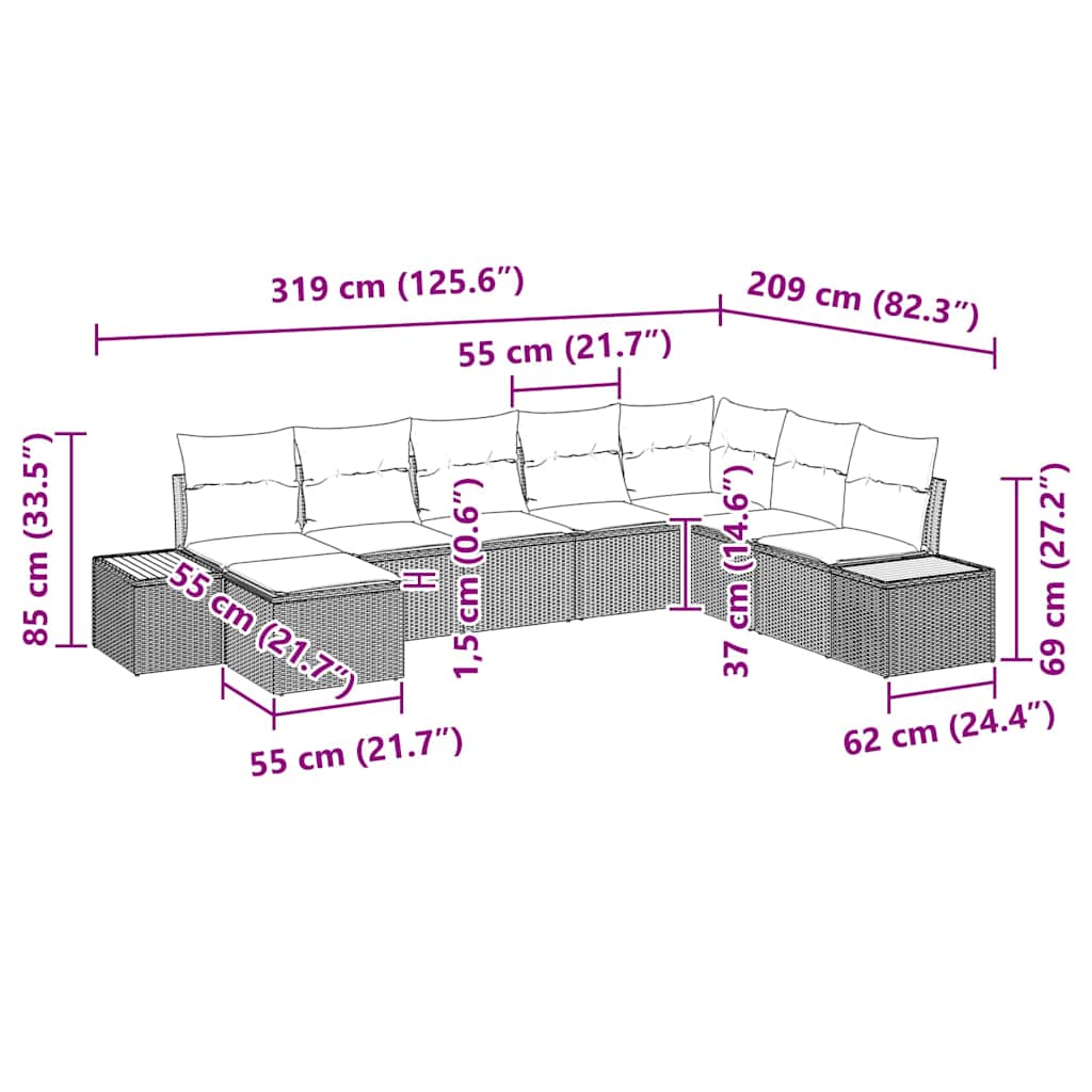 Gartensofa-set mit Kissen 8 pcs Grau Poly Rattan