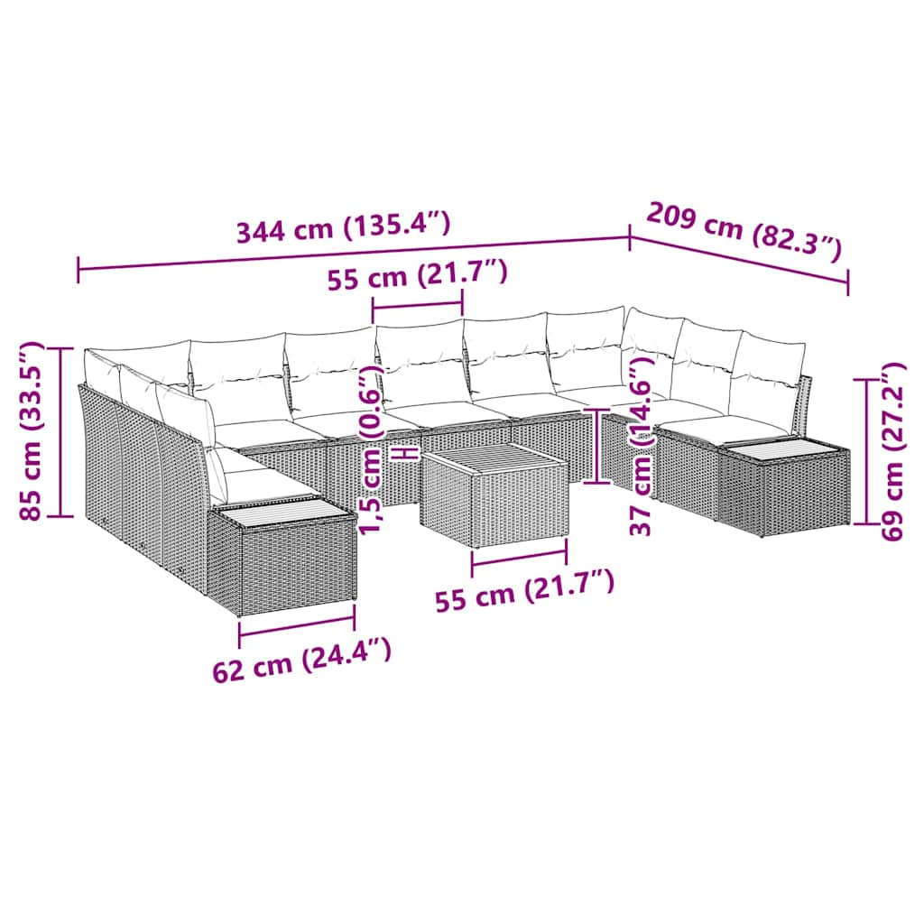 Gartensofa-set mit Kissen 11 pcs Schwarz Poly Rattan