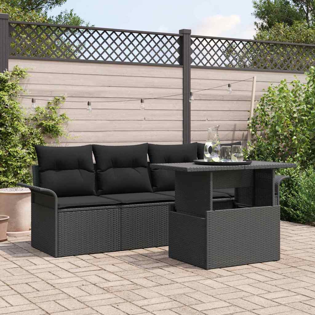 Gartensofa-set mit Kissen 5 pcs Schwarz Poly-Rattan