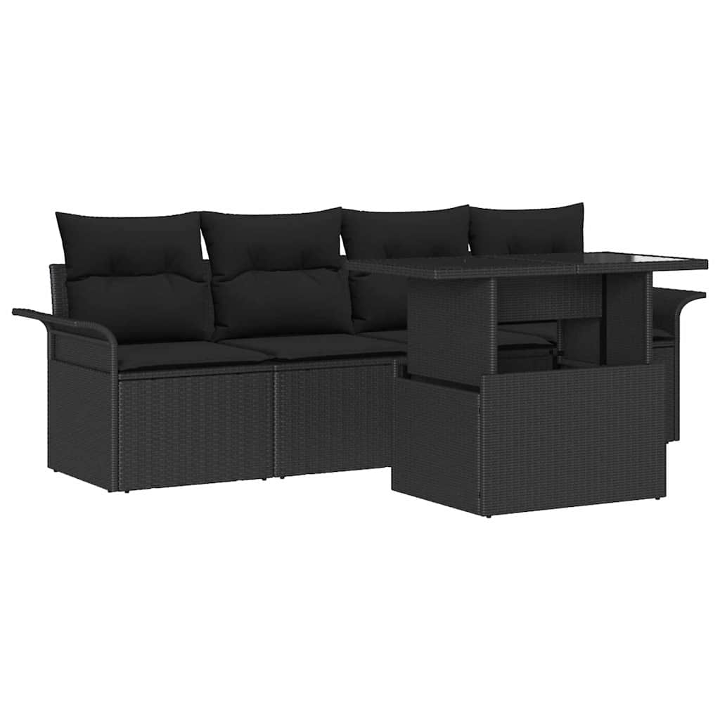 Gartensofa-set mit Kissen 5 pcs Schwarz Poly-Rattan