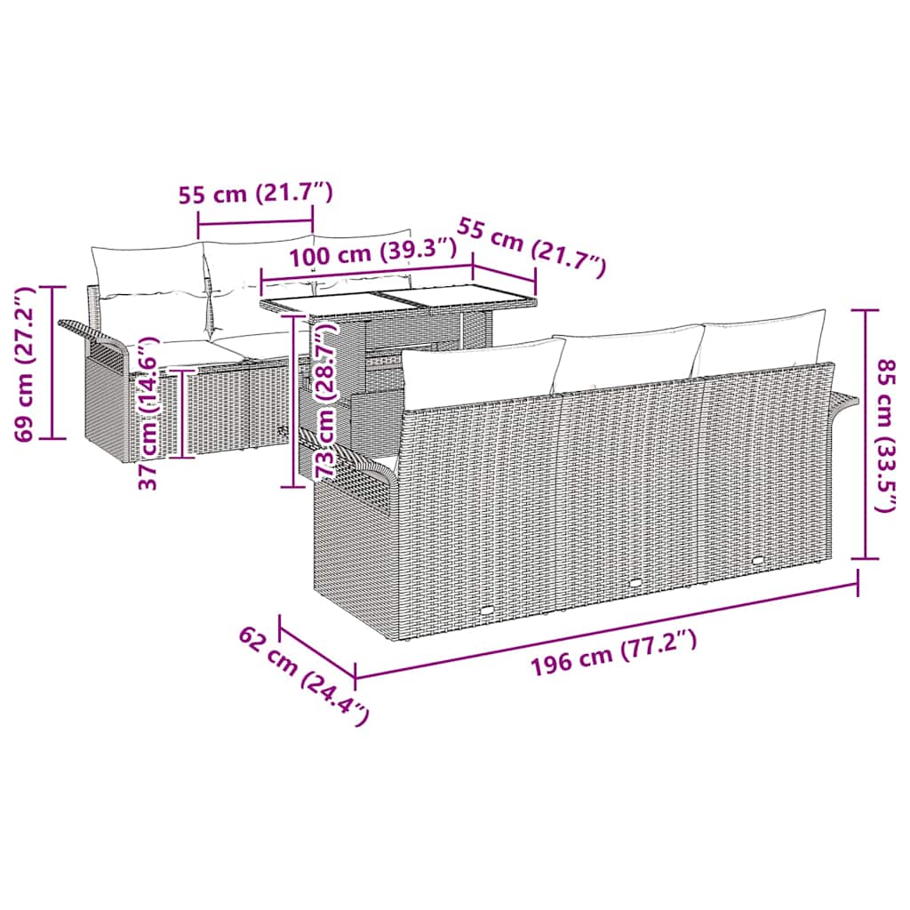 Gartensofa-set mit Kissen 7 pcs Braun Poly-Rattan