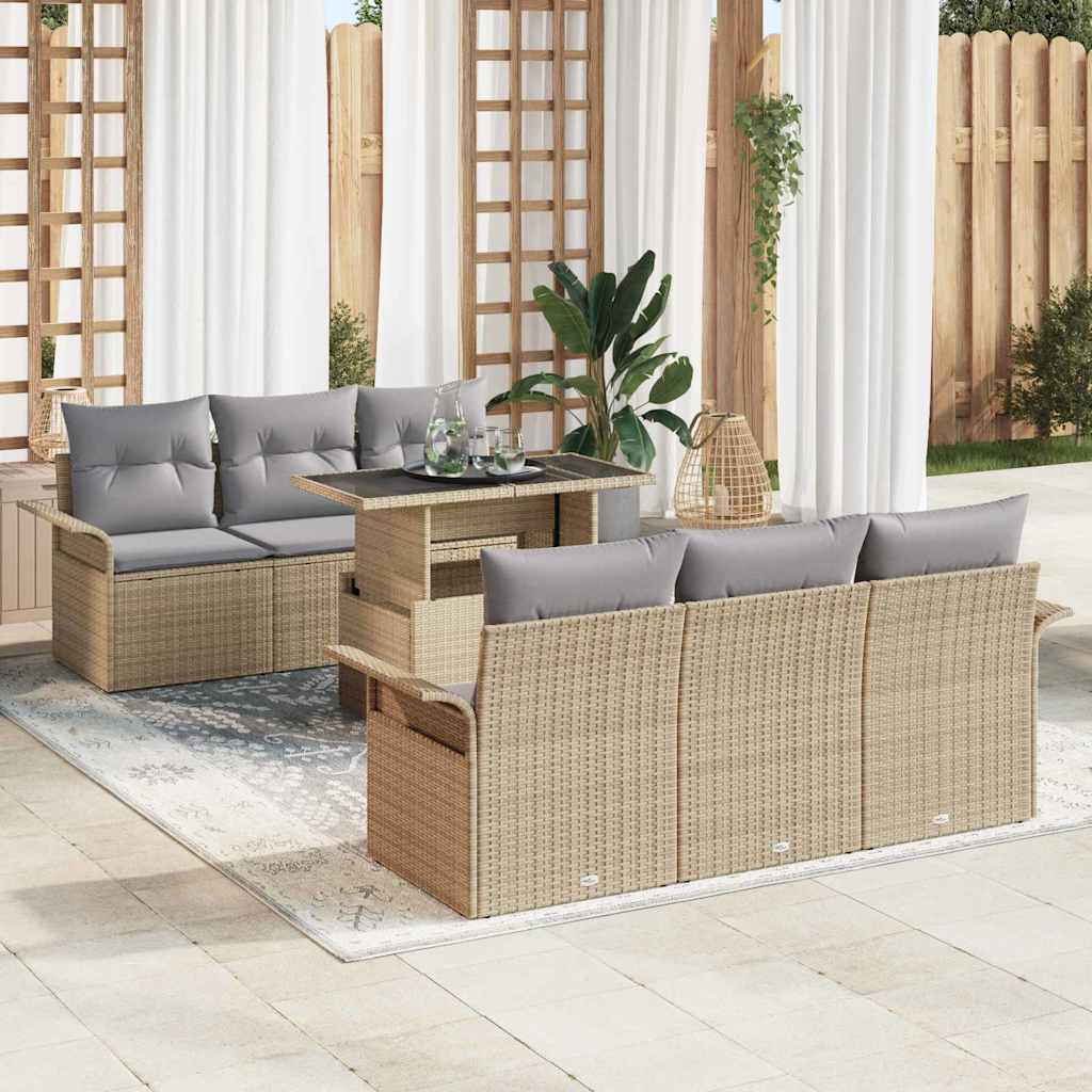 Gartensofa-set mit Kissen 7 pcs Beige Poly-Rattan