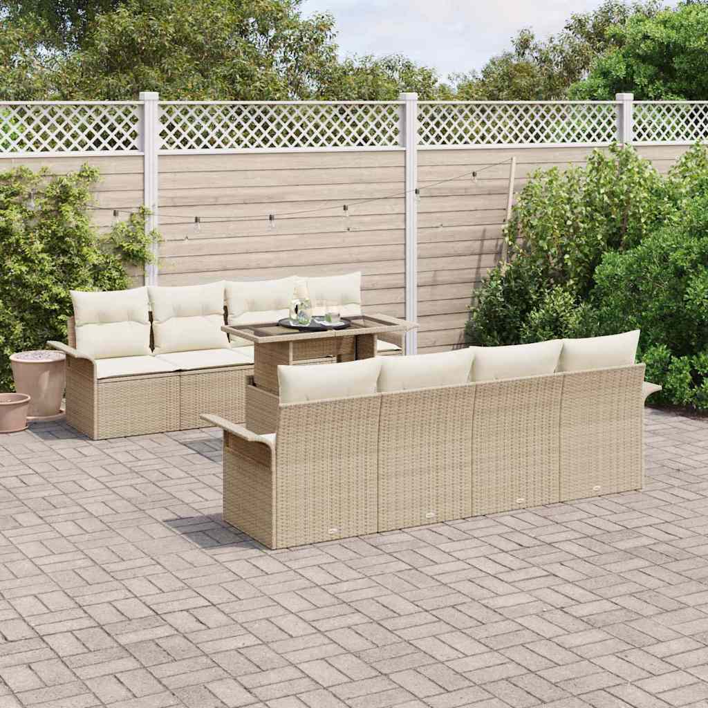 Gartensofa-set mit Kissen 9 pcs Beige Poly-Rattan
