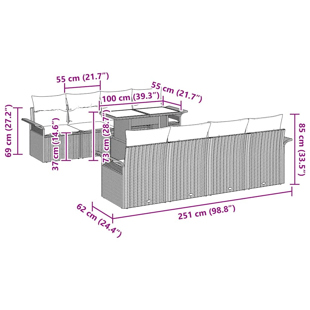 Gartensofa-set mit Kissen 9 pcs Beige Poly-Rattan
