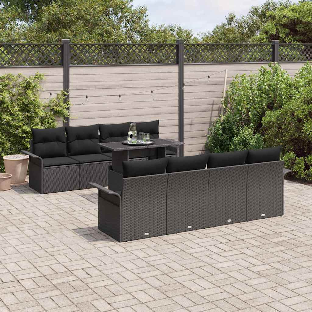 Gartensofa-set mit Kissen 9 pcs Schwarz Poly-Rattan