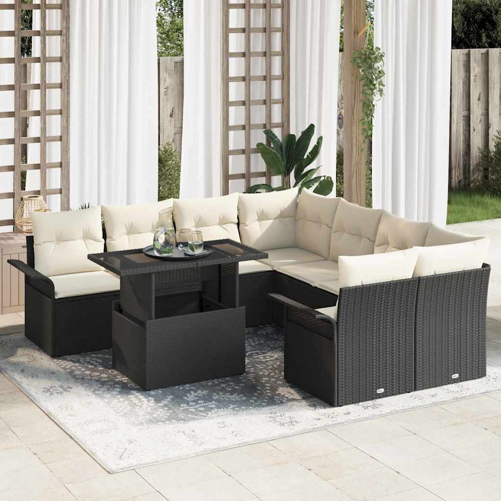 Garten-Sofa-Set mit Kissen 9 pcs Schwarz Poly Rattan