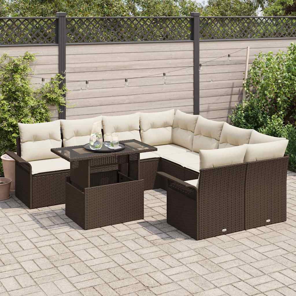Garten-Sofa-Set mit Kissen 9 pcs Braun Poly Rattan