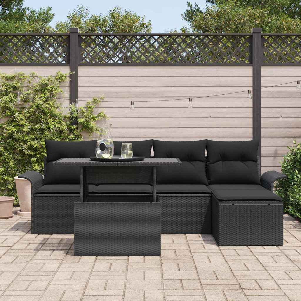Gartensofa-set mit Kissen 6 pcs Schwarz Poly-Rattan