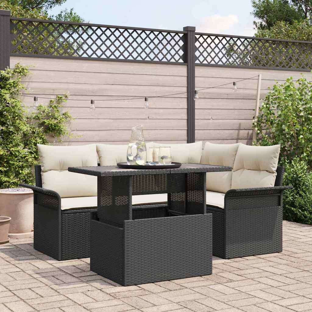 Garten-Sofa-Set mit Kissen 5 pcs Schwarz Poly Rattan