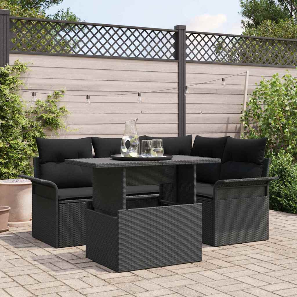 Garten-Sofa-Set mit Kissen 5 pcs Schwarz Poly Rattan
